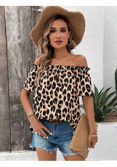 Veraura Lifestyle Kadın Madonna Yaka Fırfırlı Leopar Desenli Mikro Kumaş Bluz