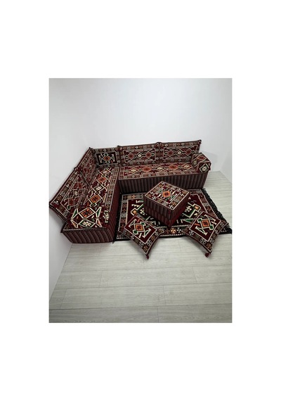 40 Cm Kalın Süngerli Bordo Anadolu Şark Köşesi - Kilim Desenli L Yer Minderi Seti