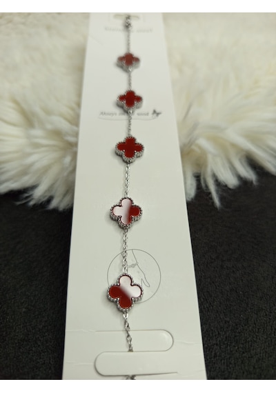 Stainless Steel Bordo Yonca Çelik Bileklik Gümüş