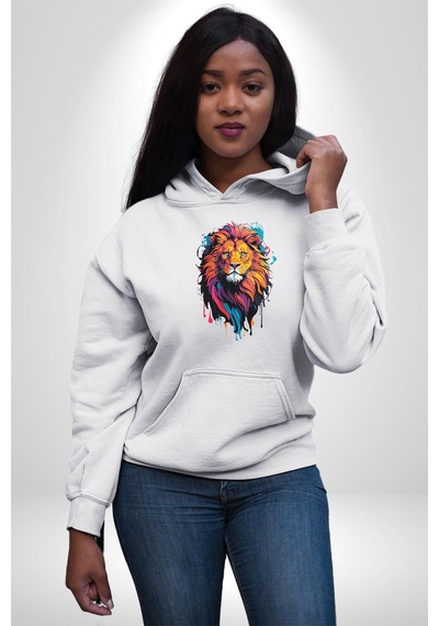 Renkli Yağlı Boya Aslan Kadın Erkek Beyaz Kapüşonlu Sweatshirt Hoodie Beyaz