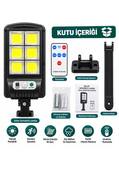 Solar Lamba Sokak Bahçe Aydınlatması Hareket Sensörlü 3 Modlu Uzaktan Kumandalı Su Geçirmez Sıcağa Soğuğa Dayanıklı Beyaz Işık 120 Derece Geniş Açı -
