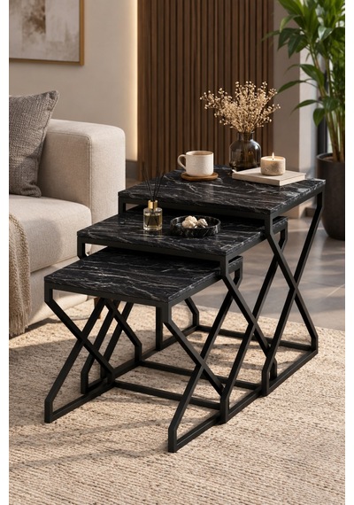 Sulorahome Modern Zigon Sehpa Seti Siyah Desenli Ve Metal Ayaklı Siyah Mermer Desenli