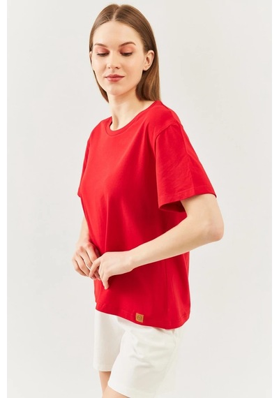 Kadın Rahat %100 Pamuklu Penye Bisiklet Yaka Kısa Kol Basic T-shirt Kirmizi