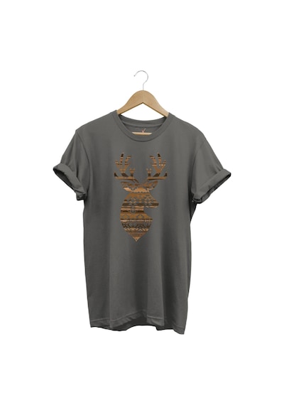 Avcılık Mozaik Desenli Geyik Tasarım Baskılı %100 Pamuk Regular Fit Bisiklet Yaka Premium T-shirt Gri