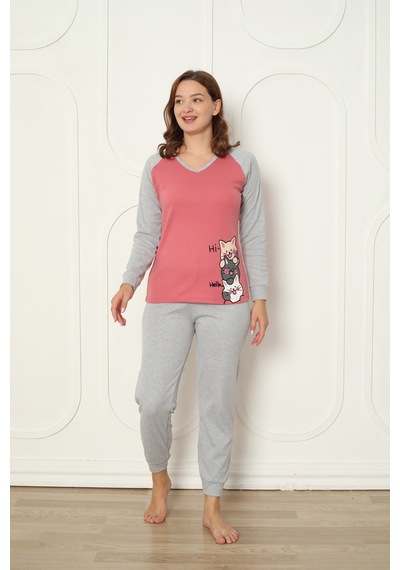Wordex Fawn 04-3024 İnterlok Kumaş Minnoş Kedili Kışlık Ev Kadın Pijama Takımı Pembe