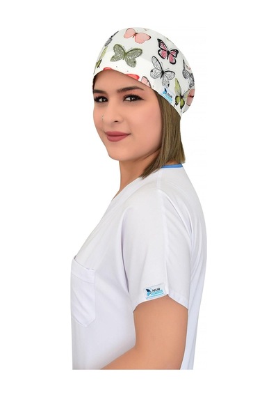 Unisex Yeşil Kelebek Likralı Cerrahi Doktor Hemşire Hastane Medikal Aşçı Bonesi Beyaz Beyaz