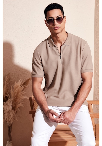 Buratti Pamuklu Regular Fit Fermuarlı Erkek Polo Yaka T Shirt 5902434 Vizon