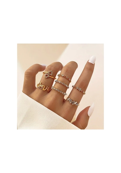Love Aşk 7 Parça Tasarım Gold Altın Taşlı 14 Şubat Sevgiliye Hediye Yüzük Seti