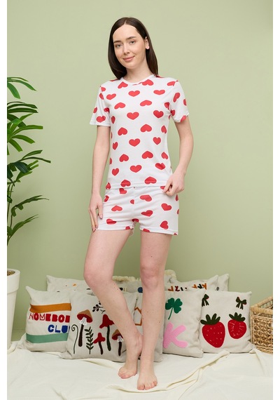 Fullamoda Kalp Baskılı Bisiklet Yaka Şortlu Pijama Takımı Beyaz