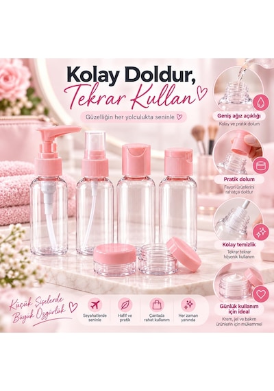 Seyahat Şişe Seti 6 Parça, 4 Adet 60 Ml Şişe Ve 2 Adet 20 Ml Kavanoz, Pompalı Sprey Kapaklı Seyahat Kozmetik Seti, Seyahat Şişe Seti Pembe