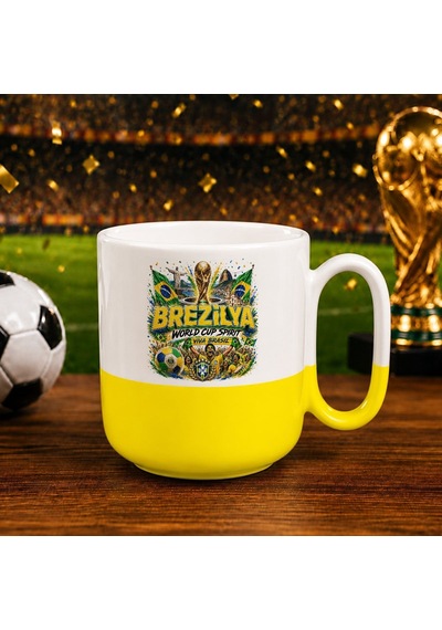 Bk Gift Brezilya Taraftar Temalı Dünya Futbol Kupası Tasarımlı Sarı Joyful Kupa Bardak Beyaz