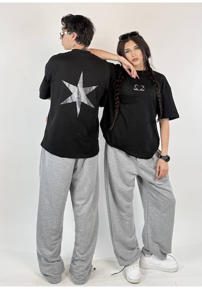 Zaee 2m Motive Taşlı Oversize T-shirt Siyah