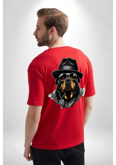 Mafya Rottweiler Kırmızı Oversize Unisex Ön Ve Sırt Baskılı Tişört Kırmızı
