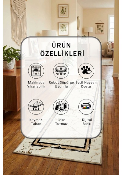 Servil Gold Zemin Krem Salon Mutfak Yatak Yıkanabilir Yolluk Krem - Gold