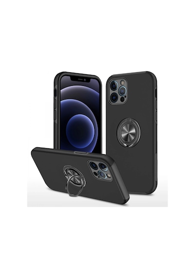 Uray Store Apple iPhone Uyumlu  12 Pro Kılıf Elit Yüzüklü Kapak - Siyah