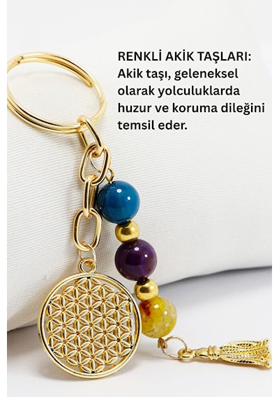 Doğal Taşlı Metal Yaşam Çiçeği Anahtarlık, Renkli Akik Taşlı Arab