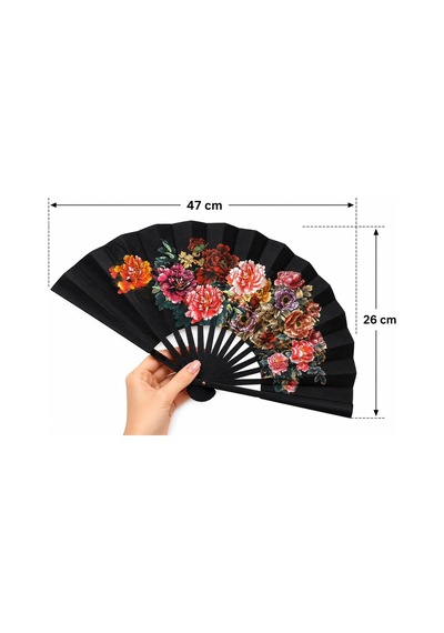 Coverzone Katlanabilir El Yelpazesi Siyah Çiçek Desenli Japon Yelpazesi Taşınabilir El Fanı Yazlık Serinletici Dek