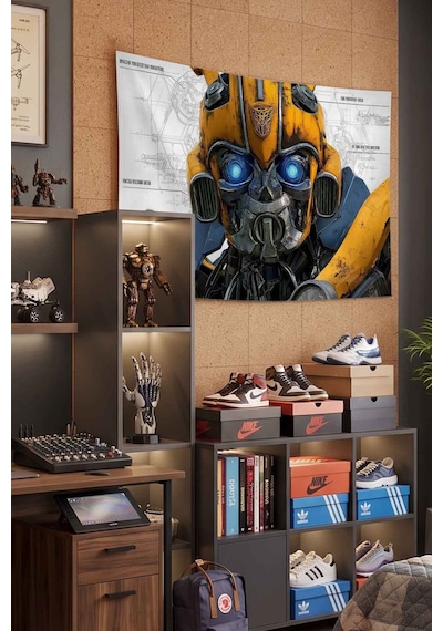 Sarı Robot Savaşçı Teknik Çizim Blueprint Dekoratif Duvar Örtüsü Duvar Halısı Beyaz