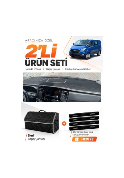 Ford Transit Custom 2016-2024 Uyumlu Torpido Örtüsü + Deri Bagaj Çantası + Sticker - Siyah Gri