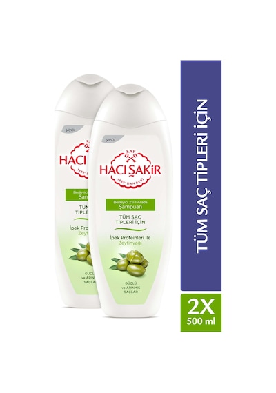 Hacı Şakir Tüm Saç Tipleri İçin Zeytinyağlı Besleyici 2'si 1 Arada Şampuan 2 x 500 ML