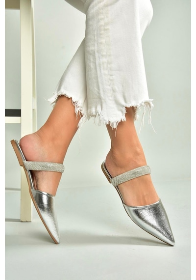 Fox Shoes U590491809 Gümüş Sivri Burunlu Kadın Terlik Gümüş-suni Deri