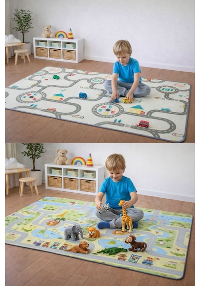 Pureza Çift Taraflı Rulo Oyun Matı 200CMX140CMX1CM Kaymaz, Darbe Emici, Su Geçirmez, Yeşil Parkur/Araba Yarışı | (Yerli Üretim)