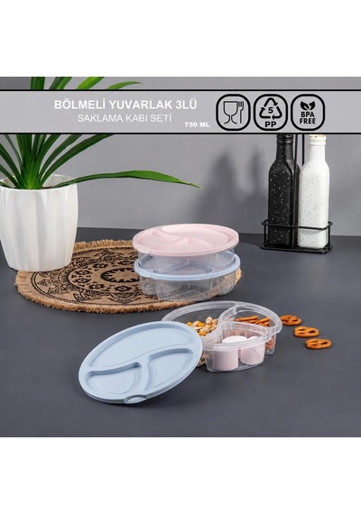 3'lü Yuvarlak Bölmeli Saklama Kabı Seti, 750 Ml X 3 Adet, Kapaklı Plastik Atıştırmalık Ve Gıda Saklama Kabı Çok Renkli