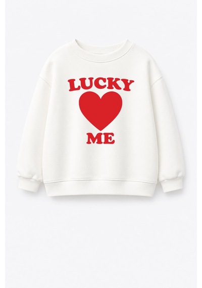 Monila Unisex Çocuk Kalp Baskılı 3 İplik Kumaş Pamuklu Sweatshirt Ekru
