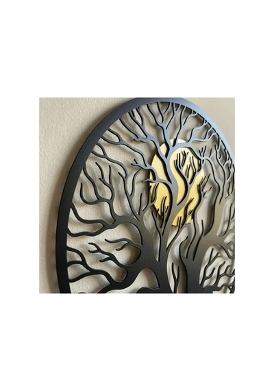 Hayat Ağacı Ve Güneş Metal Duvar Tablosu - Metal Duvar Sanatı - Siyah - 50 X 50 Cm