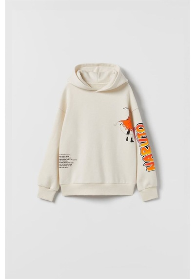 Erkek Çocuk Naruto Baskılı Pamuk Kapşonlu Sweat Ekru