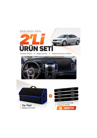 E-biz Kia Cerato 2008-2012 Uyumlu Torpido Örtüsü + Tay Tüyü Bagaj Çantası - Siyah-mavi - Kı007