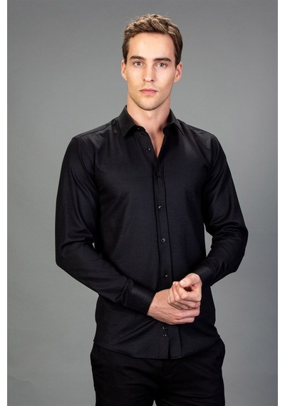 Tudors Modern Slim Fit Dar Kesim Armürlü Erkek Gömlek-13859 Siyah