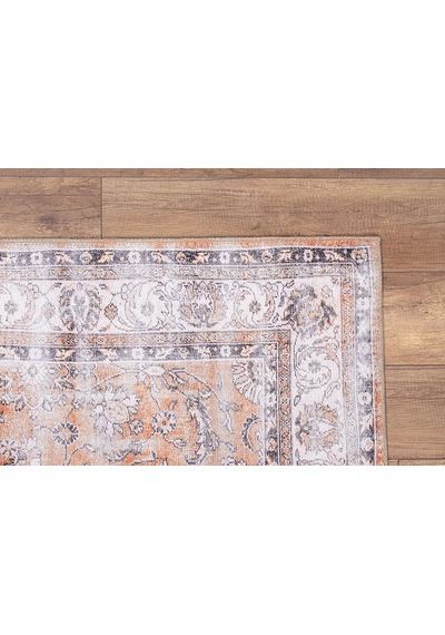 Solgun Turuncu Ve Krem Eskitme Çiçekli Vintage Halı - Al159ou
