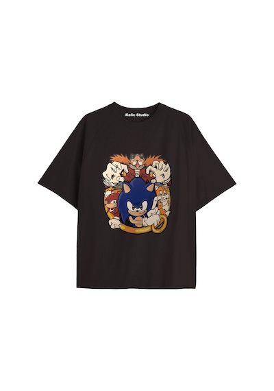 Kalic Studio Unisex Bay Sonic Desenli Siyah Yazlık T-shirt Siyah-219