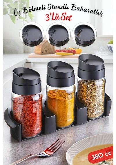 Nandy Home Stantlı Döner Kapak Garda Baharatlık Takımı - Üç Kademeli 3'lü Set 380 Cc Şeffaf
