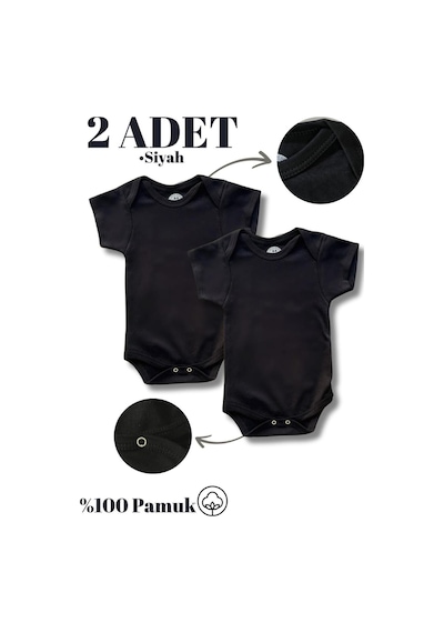 Betül Bebek Kısa Kollu 2'li Organik Pamuk Çıtçıtlı Bebek Body&zıbın 2adet Siyah