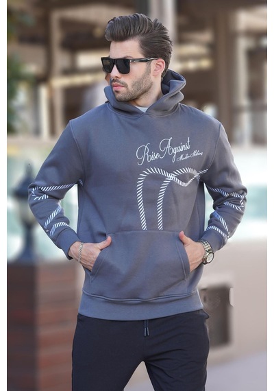 Madmext Füme Baskılı Kapşonlu Cep Detaylı Erkek Sweatshirt 7067 Füme