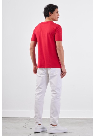 Dufy Kırmızı Bisiklet Yaka Pamuklu Düz Renk Slim Fit Erkek T-shirt Kırmızı