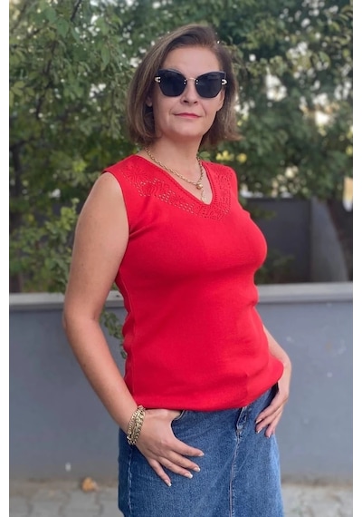 Mia Butik Kadın Lina Kırmızı Merserize Kolsuz Bluz Kırmızı