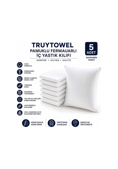 Turuytowel Pamuklu Fermuarlı İç Yastık Kılıfı Beyaz Renkli İç Astar 10'lu Yastık İç Kılıfı 50x 70 Şilte Beyaz 5 Li
