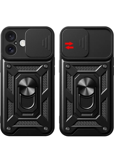 Newface Apple İphone 16 Kılıf Pars Lens Yüzüklü Silikon - Siyah