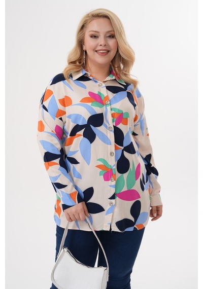 Polologin Butik Soyut Yaprak Desenli Bej Viskon Tunik Bej