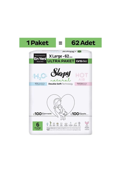 Sleepy Natural Double Soft Ultra Paket Bebek Bezi 6 Numara Xlarge 62 Adet