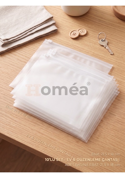 10 Lu Fermuarlı Organizer Çanta Seti 21.5x18 Cm Çok Amaçlı Makyaj, Seyahat Ve Düzenleme Çantası Şeffaf