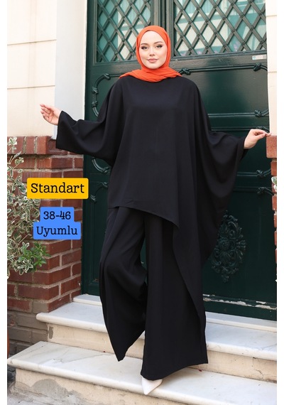 Balenbi Kadın Linda Kumaş Asimetrik Tunik Bol Paça Pantolon Oversize Tesettür Takım 1231 Siyah Balenbi Kadın Linda Kumaş Asimetrik Tunik Bol Paça Pantolon Oversize Tesettür Takım 1231 Siyah
