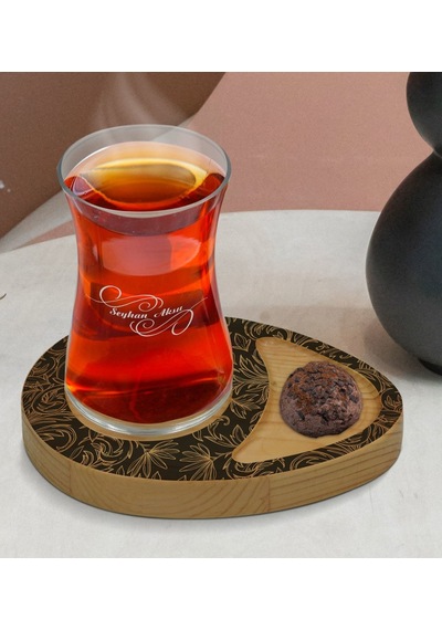 Kişiye Özel Retro Motif Tasarımlı Doğal Ahşap Tabaklı Heybeli Çay Bardağı Sunum Seti Model 16