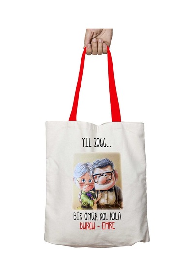 Art Hediye Kırmızı Kulplu Yıl 2066 Bir Ömür Kol Kola Yıkanabilir Omuz Çanta Çok Renkli