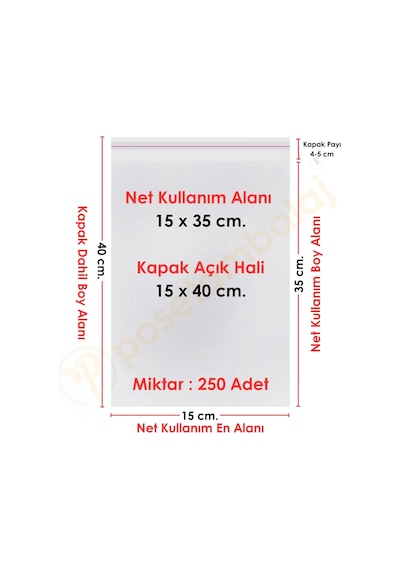 15x35+5 Cm. 15x40 250 Adet Şeffaf Bantlı Yapışkanlı Opp Poşet
