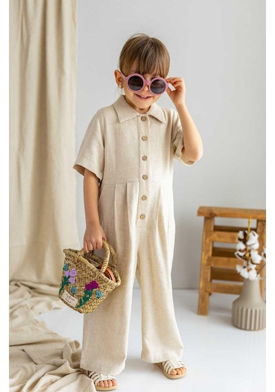 Oliven The Kid Oliventhekid Bej Naturel Keten Önden Düğmeli Beli Pileli Kısa Kol Kız Çocuk Tulum Bej Bej