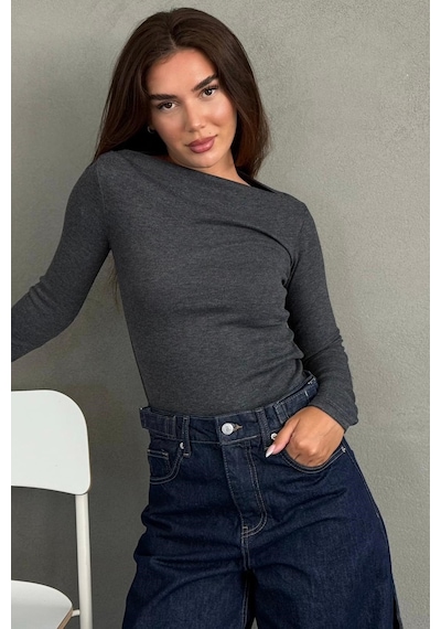 Madmext Antrasit Kayık Yaka Fitilli Slim Fit Kadın Bluz Mg2909